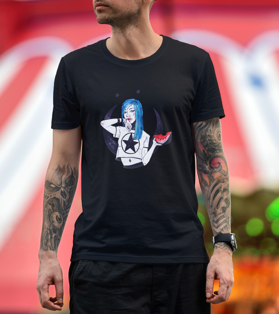 Blue-Haired Girl with Watermelon Slice and Star Shirt Moon Aesthetic T-Shirt