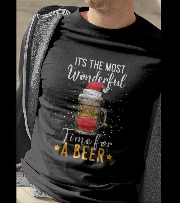 Its The Most Wonderful Time For A Beer Funny Chris Santa Hat Christmas Lights Face Mask T-Shirt