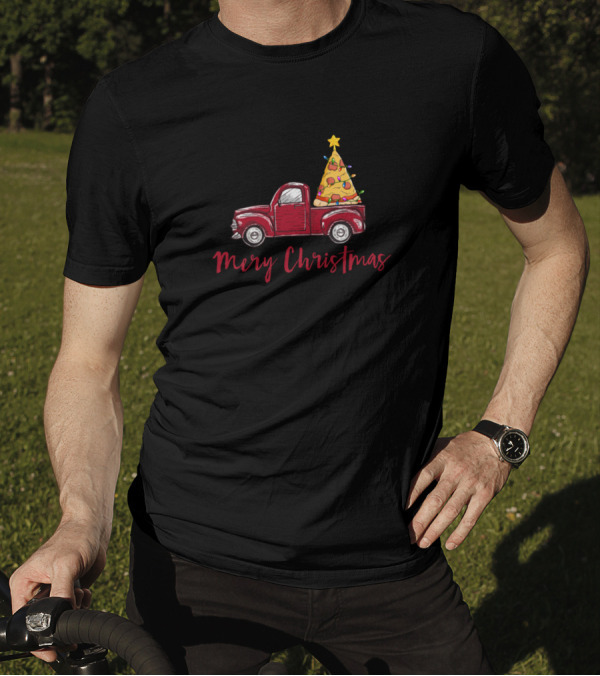 Merry Christmas Pizza Lover Red Truck Christmas Tree Pizza T-Shirt