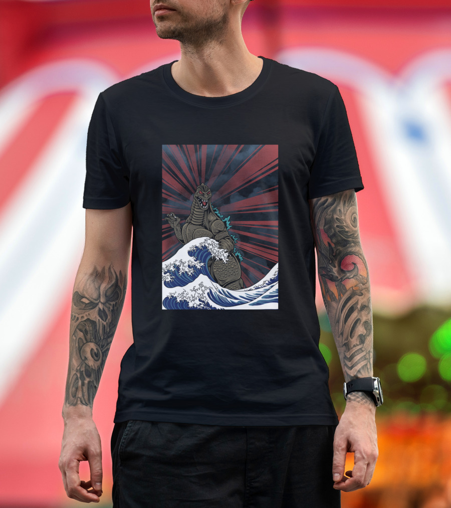 Angryzilla Wave Monster Rising Red Rays Japan Influence T-Shirt