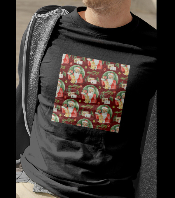 Santa Holding Mug Checking Wish Lists T-Shirt
