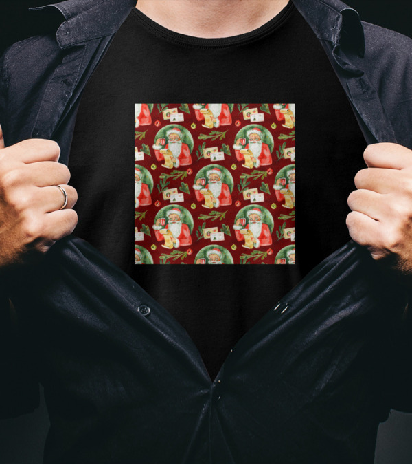 Santa Holding Mug Checking Wish Lists T-Shirt