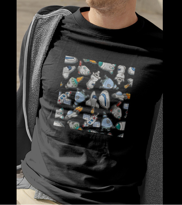 Spaceship Cartoon Pattern Retro Sci-Fi Rocket Ships T-Shirt