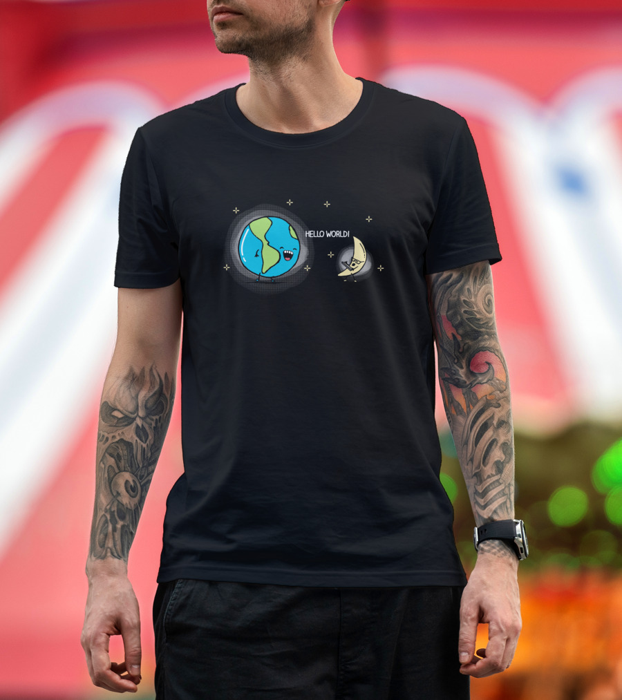 Hello World Earth and Moon Greeting Chat with Smiling Cartoon Characters T-Shirt