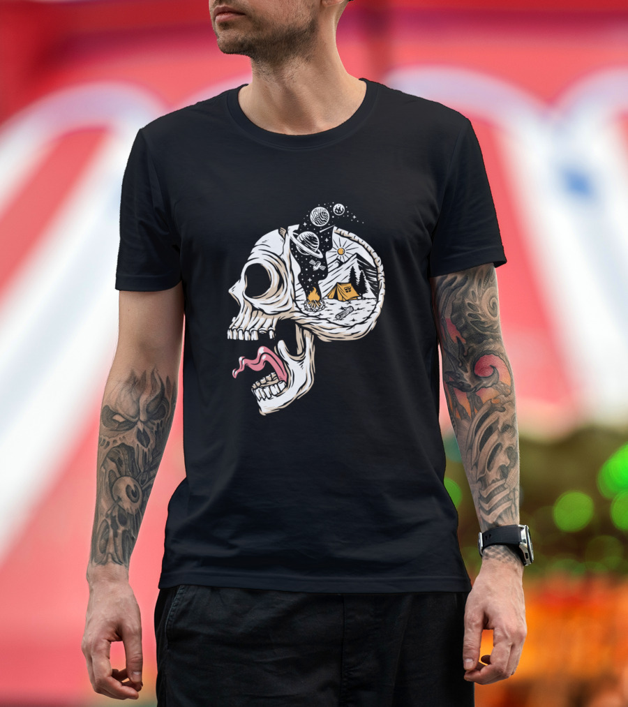 Tripped Out Mushroom Skull Cosmic Camping Adventure T-Shirt