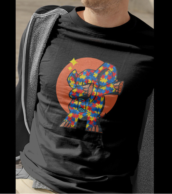 Autism Dabbing Elephant With Puzzle Pieces And Orange Circle Background T-Shirt