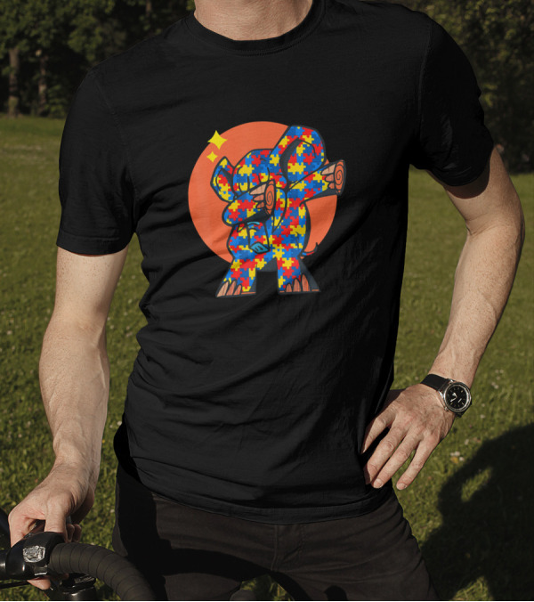 Autism Dabbing Elephant With Puzzle Pieces And Orange Circle Background T-Shirt