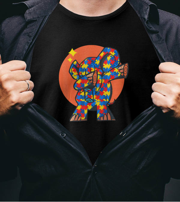 Autism Dabbing Elephant With Puzzle Pieces And Orange Circle Background T-Shirt