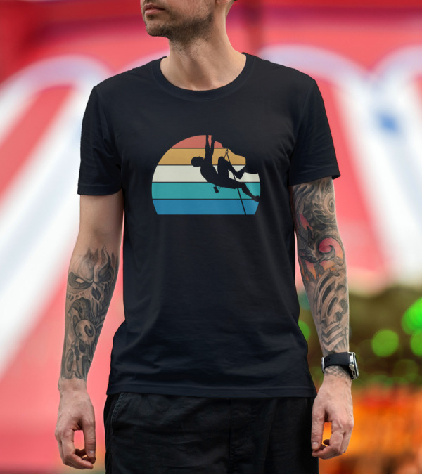 Premium T-Shirt: Rock Climb Silhouette Against Vintage Sunburst Stripes T-Shirt Rock Climb Silhouette Against Vintage Sunburst Stripes T-Shirt