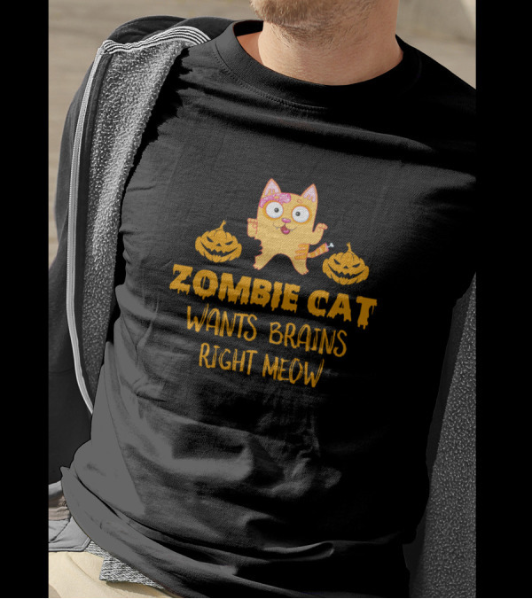 Zombie Cat Wants Brains Right Meow Halloween Pumpkins T-Shirt