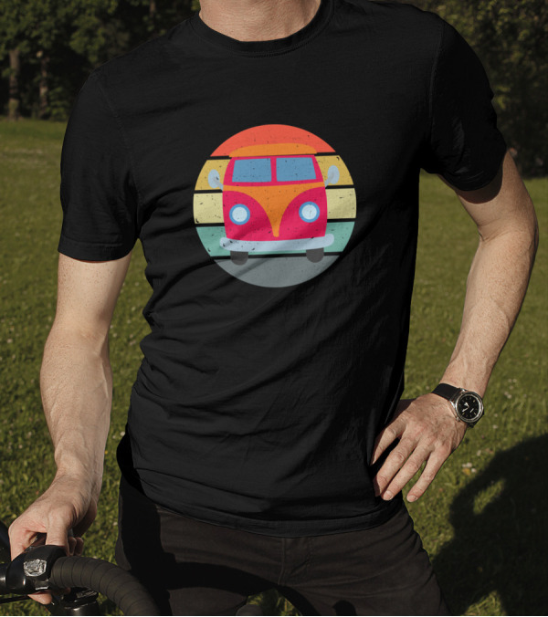 Hippie Retro Minibus Vintage Retro Minivan With Sun Circle Background T-Shirt