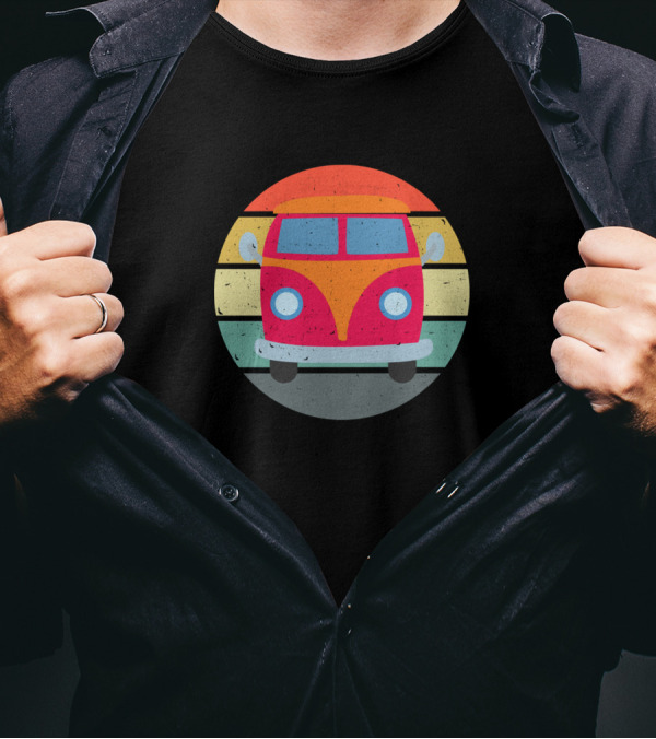 Hippie Retro Minibus Vintage Retro Minivan With Sun Circle Background T-Shirt