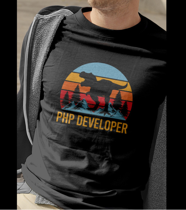 PHP Developer Dinosaur Retro Mountain Sunset T-Shirt
