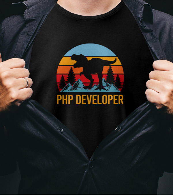 PHP Developer Dinosaur Retro Mountain Sunset T-Shirt