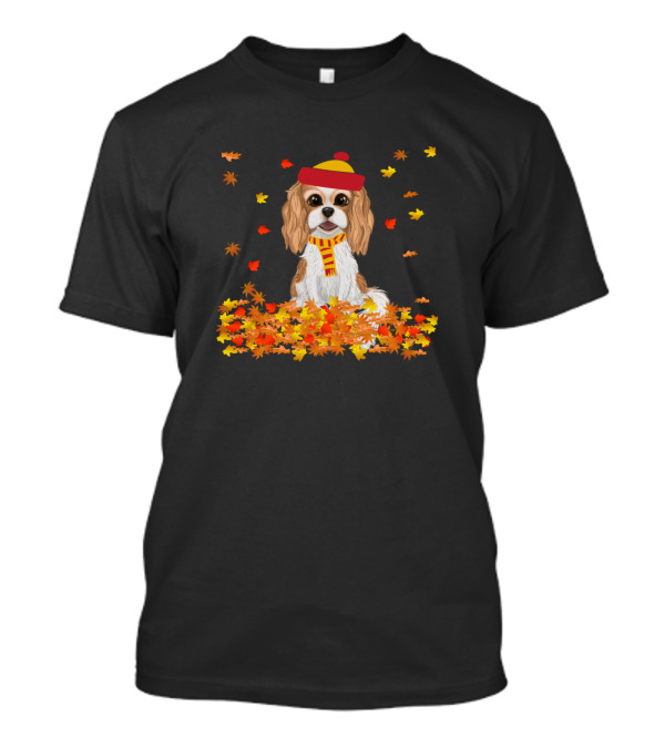 Blenheim Cavalier King Charles Spaniel In Fall Leaves With Hat And Scarf T-Shirt
