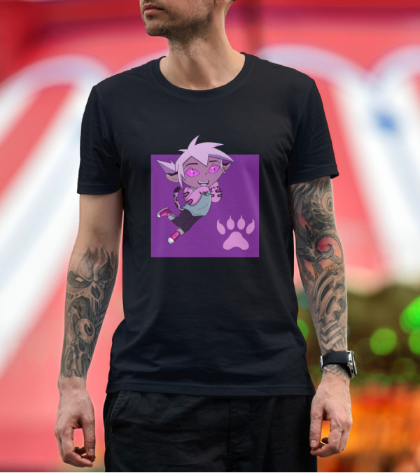 Premium T-Shirt: Chibi Jaguar Kipo Purple Cartoon Character with Pink Paw Prints T-Shirt Chibi Jaguar Kipo Purple Cartoon Character with Pink Paw Prints T-Shirt