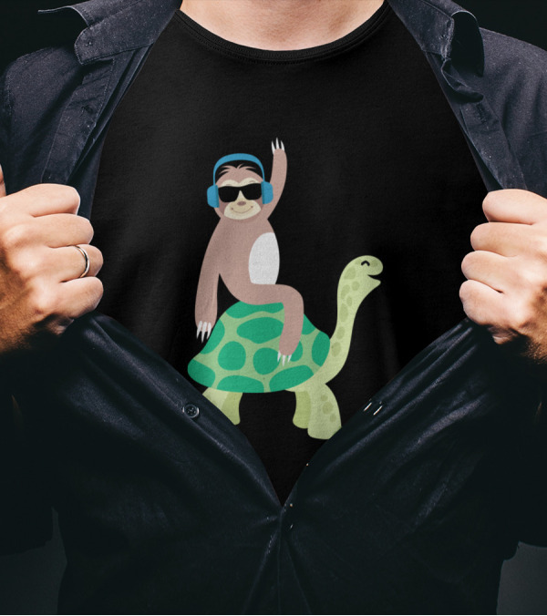 Funny Lazy Sloth With Headphones Riding Sea Turtle Hona T-Shirt