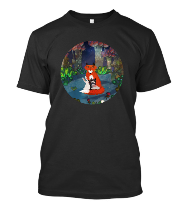 Fox And Raccoon With Rabbits In Forest Scene T-Shirt