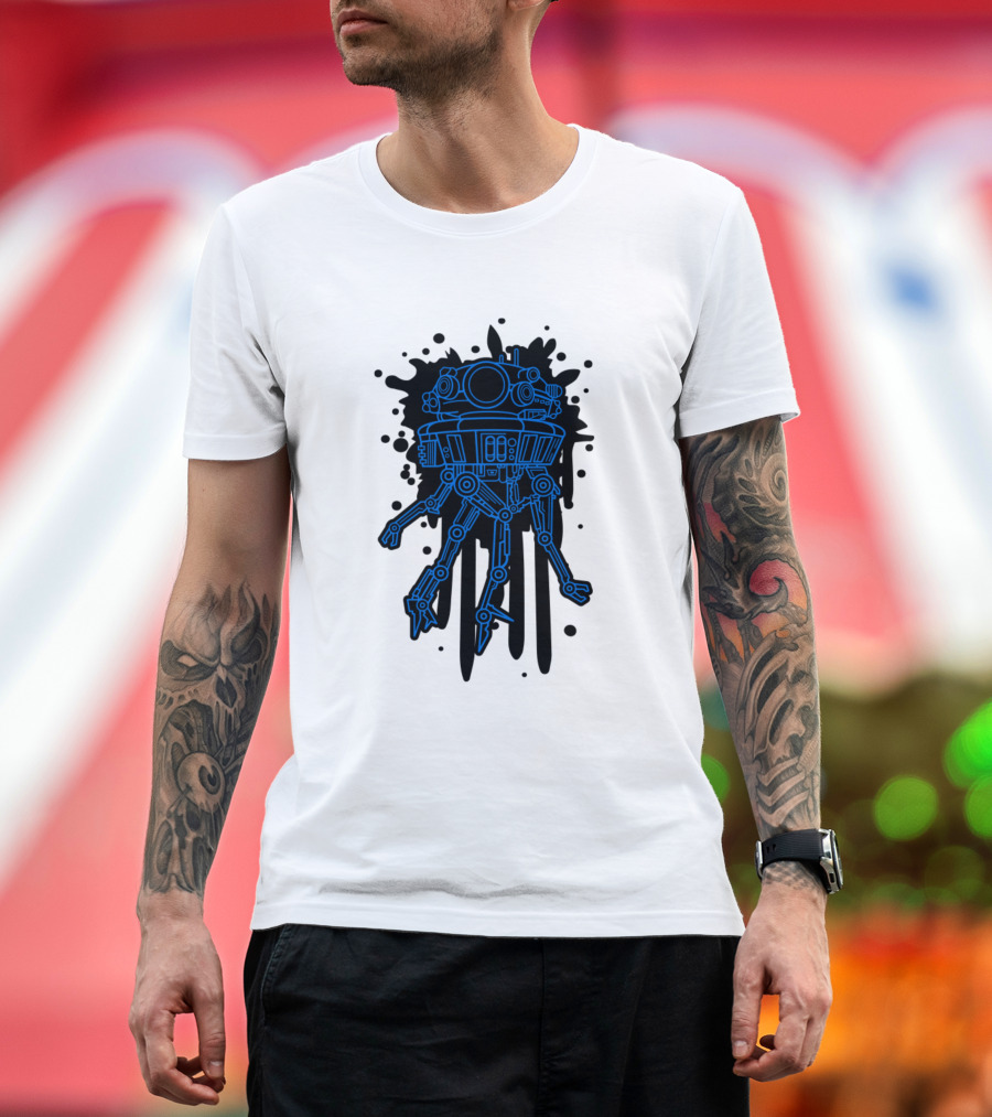 Galactic Probe Bot Blueprint with Mechanical Legs on Dark Splatter Background T-Shirt