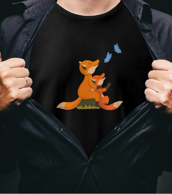 Two Foxes Watching Butterfly Parent And Baby T-Shirt
