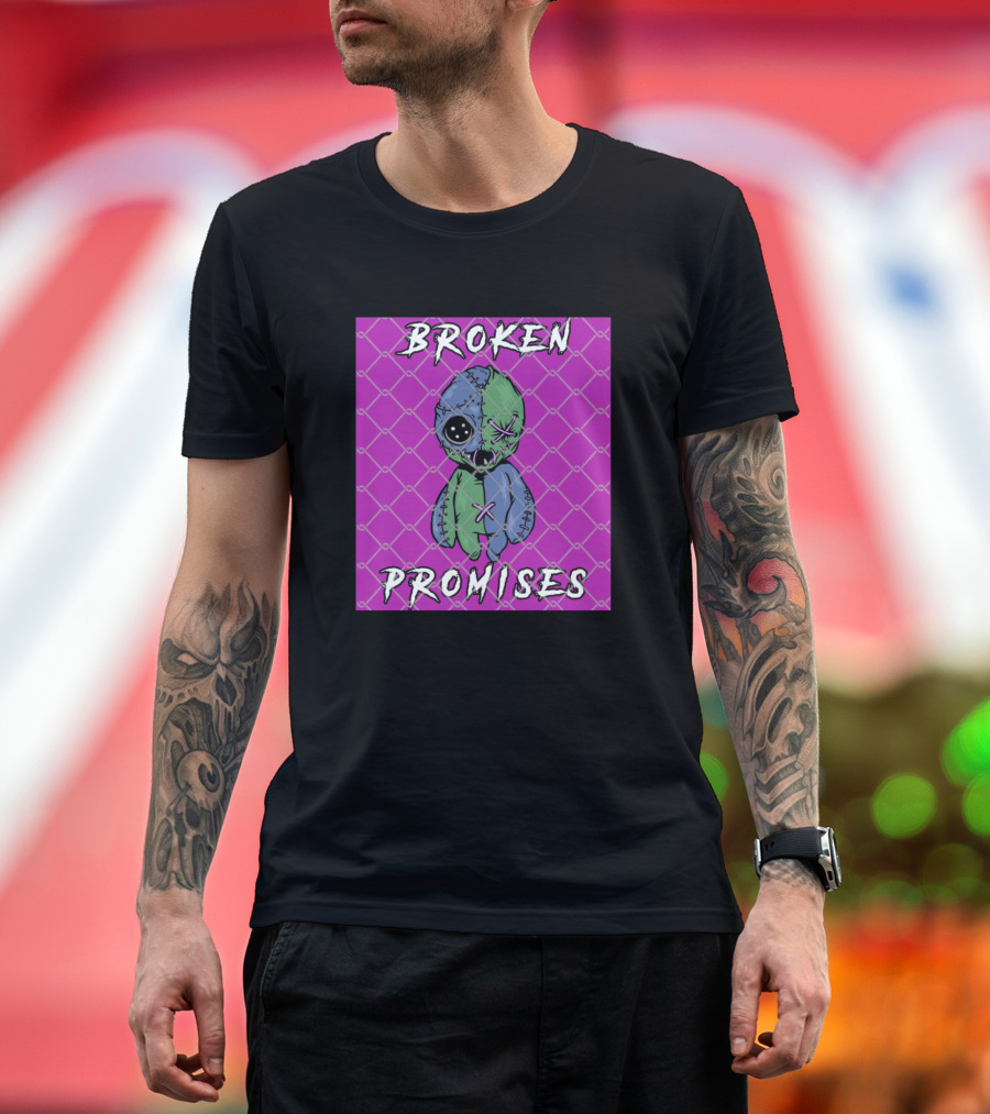 Broken Promises Patchwork Doll on Purple Chain Background T-Shirt