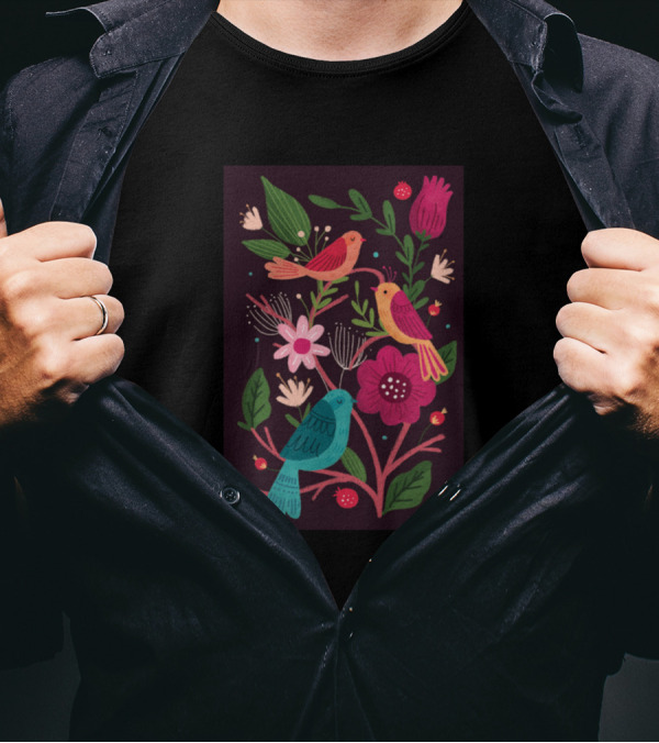 Colourful Birds And Vibrant Flora Seamless T-Shirt