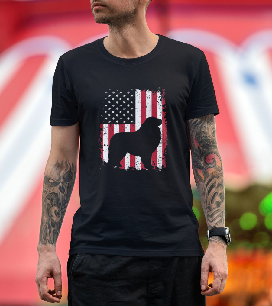 Great Pyrenees Silhouette with American Flag Background for 4th of July T-Shirt