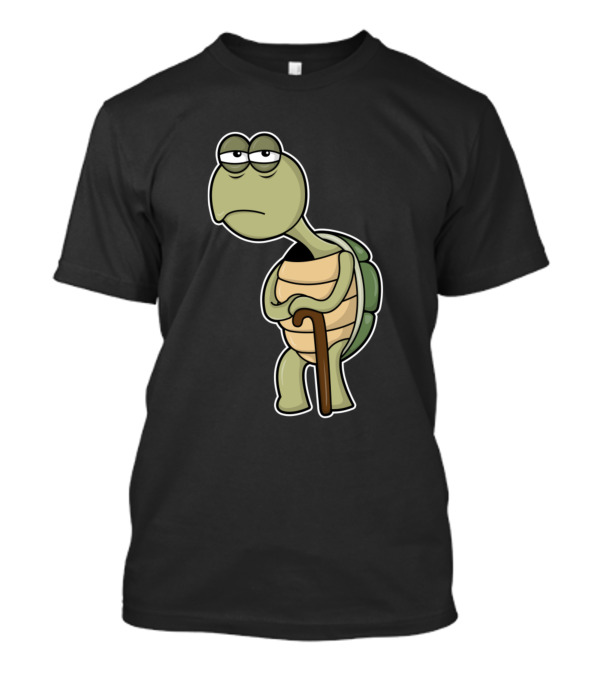 Turtle With Shell And Walking Stick Cartoon Character T-Shirt