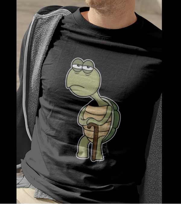 Turtle With Shell And Walking Stick Cartoon Character T-Shirt