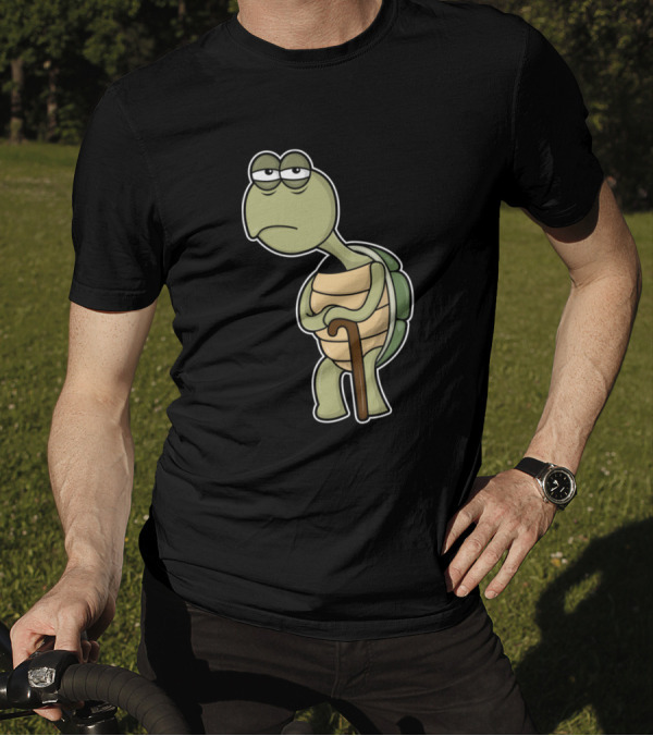 Turtle With Shell And Walking Stick Cartoon Character T-Shirt