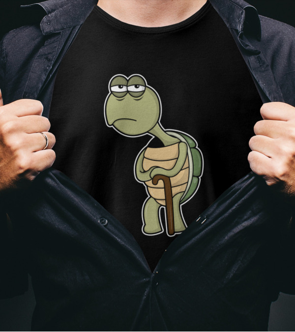 Turtle With Shell And Walking Stick Cartoon Character T-Shirt