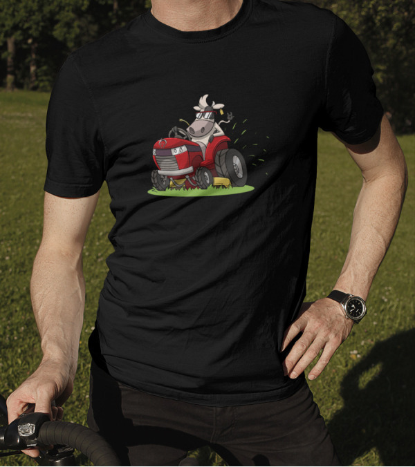 Evil Cow Mowing Grass On Red Lawn Mower With Horns And Sunglasses T-Shirt