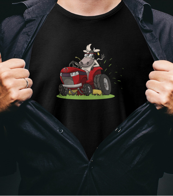 Evil Cow Mowing Grass On Red Lawn Mower With Horns And Sunglasses T-Shirt