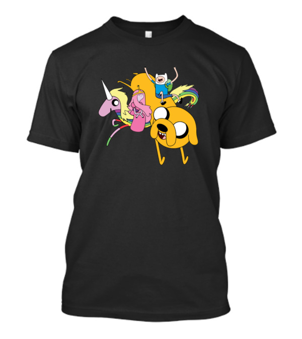 Adventure Time Finn Jake And Princess Bubblegum Riding Lady Rainicorn T-Shirt