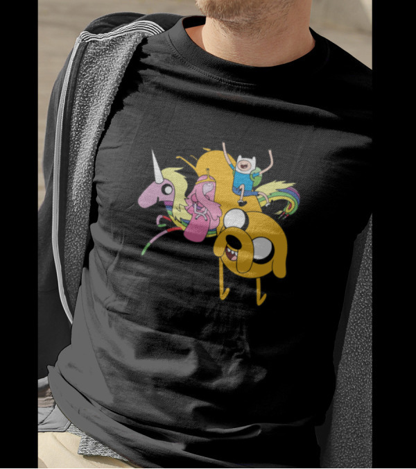 Adventure Time Finn Jake And Princess Bubblegum Riding Lady Rainicorn T-Shirt