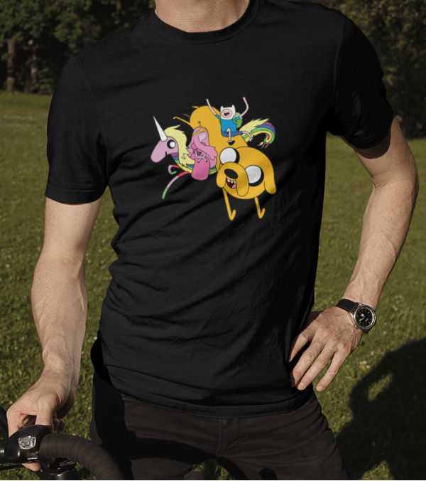 Adventure Time Finn Jake And Princess Bubblegum Riding Lady Rainicorn T-Shirt
