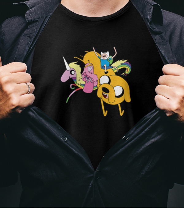 Adventure Time Finn Jake And Princess Bubblegum Riding Lady Rainicorn T-Shirt