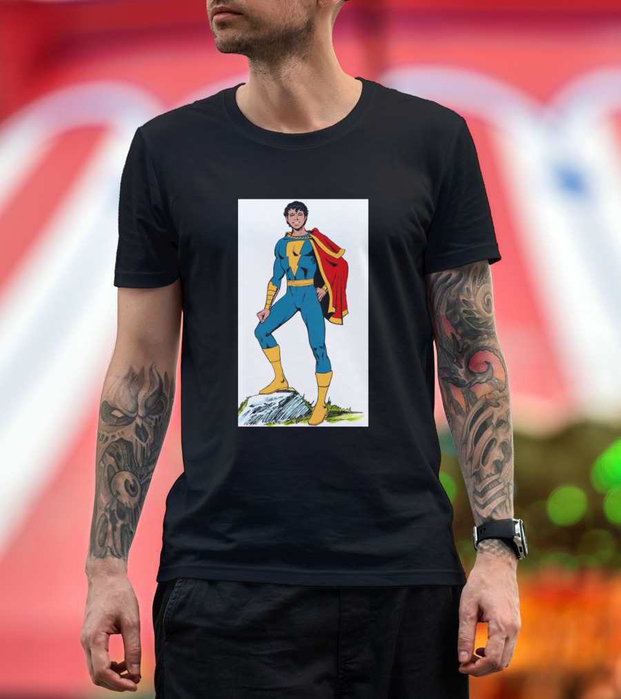 Shazam Captain Marvel Jr Classic Comic Superhero in Red Cape and Blue Suit T-Shirt