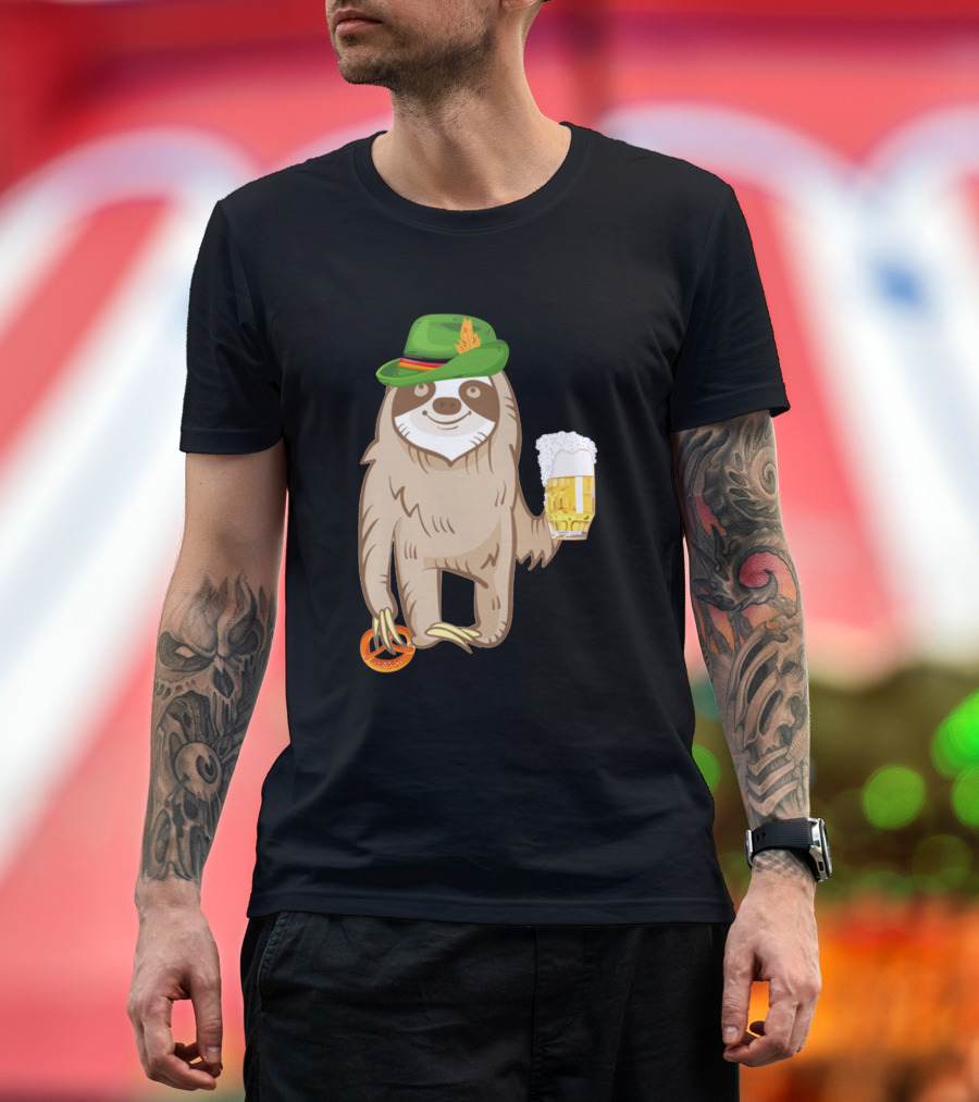 Sloth Oktoberfest German Hat Lazy Animal Costume with Beer and Pretzel T-Shirt