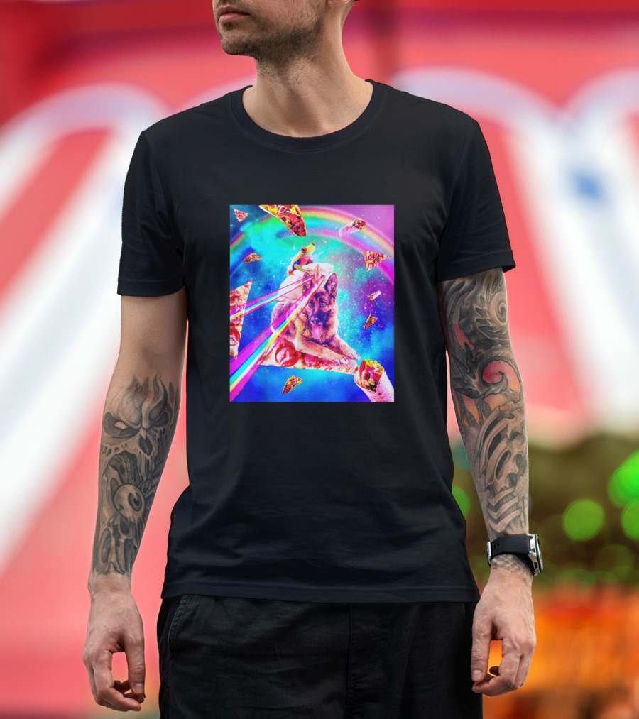 Frog Riding Space Laser Eyes Dog with Pizza Under Rainbow T-Shirt