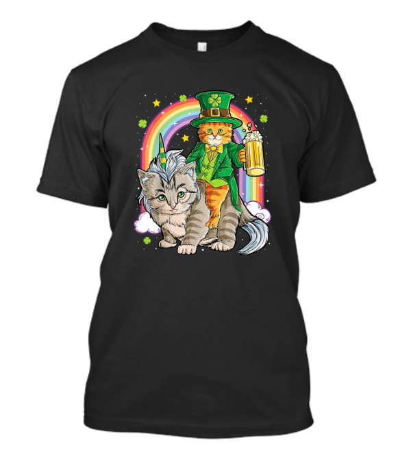 Leprechaun Cat With Beer And Rainbow On Caticorn T-Shirt