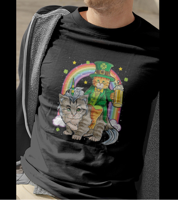 Leprechaun Cat With Beer And Rainbow On Caticorn T-Shirt