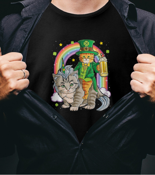 Leprechaun Cat With Beer And Rainbow On Caticorn T-Shirt
