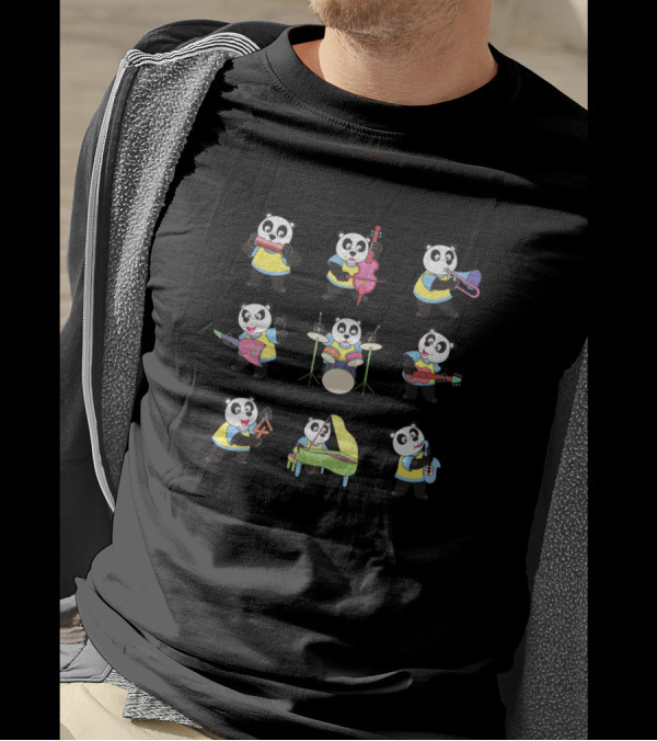 Panda Playing Guitar Drum Saxophone Violin Piano Trombone Pandas T-Shirt