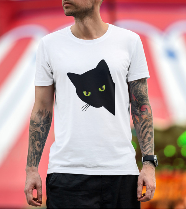Premium T-Shirt: Annoyed Black Cat Peering with Green Eyes Behind Corner T-Shirt Annoyed Black Cat Peering with Green Eyes Behind Corner T-Shirt
