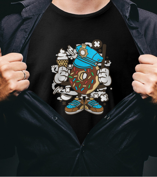 Doughnut Policeman Holding Ice Cream For Animated Characters Comics T-Shirt