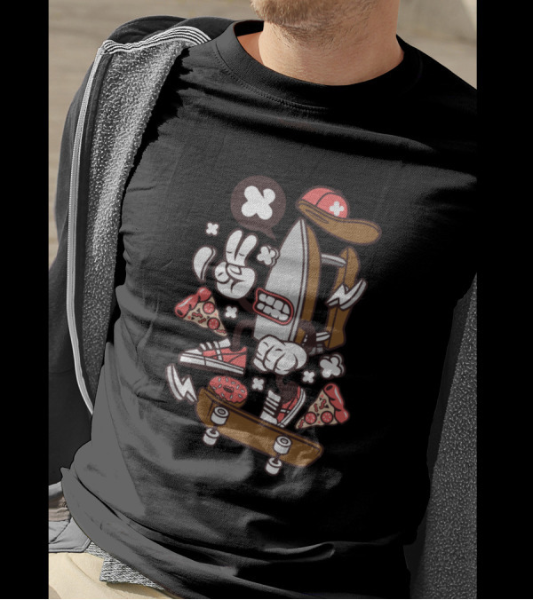 Dry Iron Skateboarding Pizza Sneakers Animated Fun T-Shirt