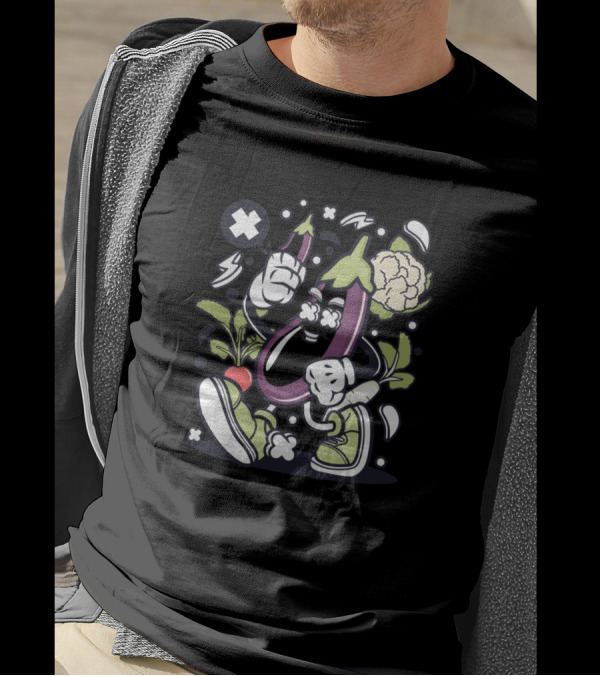 Eggplant Character With Sneakers And Vegetables In Comic Pop T-Shirt