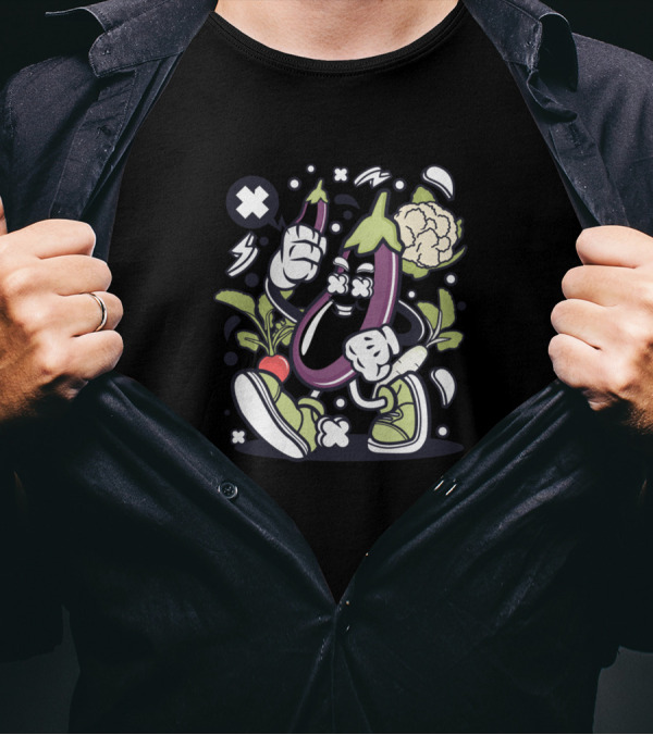 Eggplant Character With Sneakers And Vegetables In Comic Pop T-Shirt