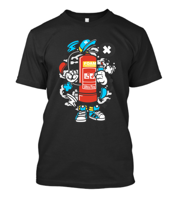 Ultra Fire Foam Extinguisher Cartoon Comics Character With Cap And Sneakers T-Shirt